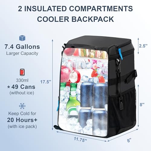 Image of SPARTER Backpack Cooler Insulated Leak Proof 33 /49 Cans, 2 Insulated Compartments Thermal Bag, Portable Lightweight Beach Travel Camping Lunch Backpack for Men and Women