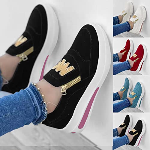 Hbeylia Platform Sneakers for Women Breathable Flock Slip On Round Toe Chunky Bottom Heels Low Top Canvas Shoes Slip On Side Zipper Flats Comfortable Walking Shoes Play Sneakers Loafers