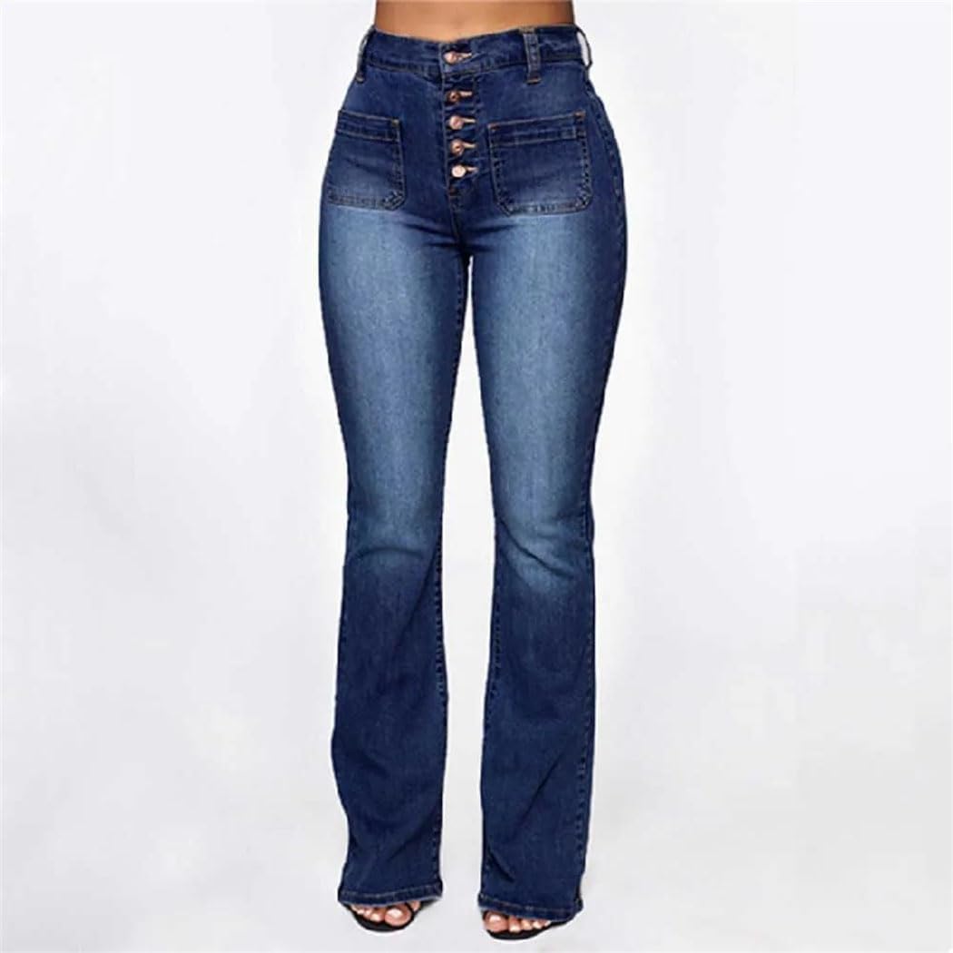 Women's Button Fly Jeans with Patch Pockets Washed Denim Pants Casual Comfortable Trousers
