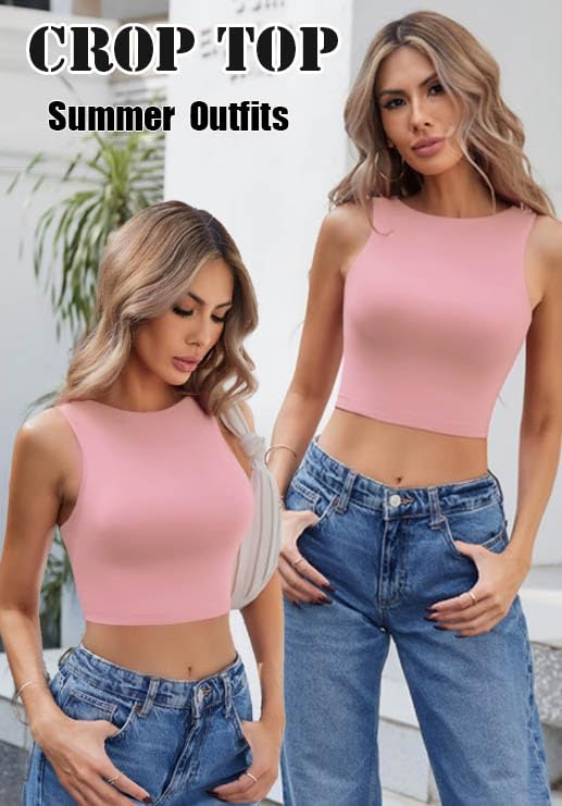 Image of Avidlove Crop Tops for Women Crew Neck Basic Tank Sexy Double Lined Seamless Crop Going Out Summer Tops