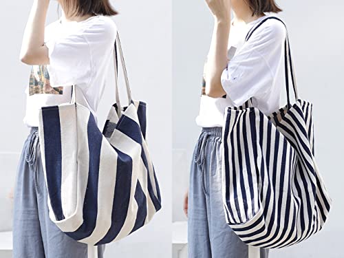 Image of Striped Canvas Tote Handbag for Women Vertical Stripe Large Capacity Shoulder Bag for Shopping Travel