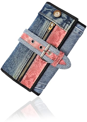 Upcycling Bifold Denim Wallet Decorated Snake skin PU leather Zipper and Buckle Accents Long Wallet Clutch Purse for Women (Pink)