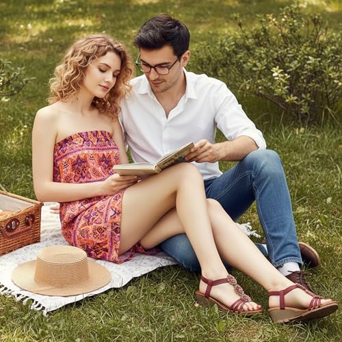 Image of HARENCE Wedge Sandals for Women Dressy: Comfortable Elastic Ankle Strap Low Heel Open Toe Flower Summer Shoes