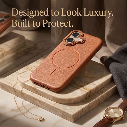 Image of amazon basics Luxury MagSafe Compatible Leather Texture Back Cover for iPhone 16 | Raised Camera Protection | Slim Fit Shockproof Case with Metallic Accents (Orange)
