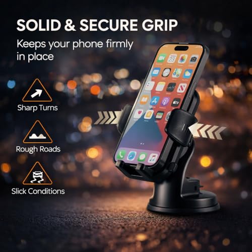 Image of MountPro k7 Car Phone Holder for Dashboard & Windshield,Strong Suction Cup Mount with 360 Rotation,Shockproof Build Mobile Stand for Car,Universal Adjustable Cradle for All Smartphones, Black