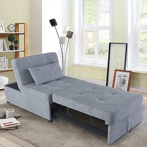 Velvet Convertible Sofa Bed, 4 In 1 Multi-Function Folding Ottoman Lounge Chair, Modern Sleeper Bed Couch Guest Bed With Adjustable Backrest And Pillow For Living Room Small Room Apartment (Gray) #TOP6