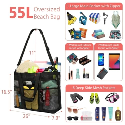 Image of Beach Bag, F-color Mesh Beach Bag Oversized Beach Tote 8 Pockets Beach Toy Bag Lightweight Beach Tote Bag for Women Picnic Travel