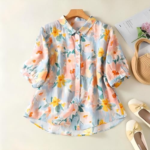 Image of Gufrina Women's Casual Button-Down Shirt with Multicolor Floral Print & Half Sleeves, Collar Neck