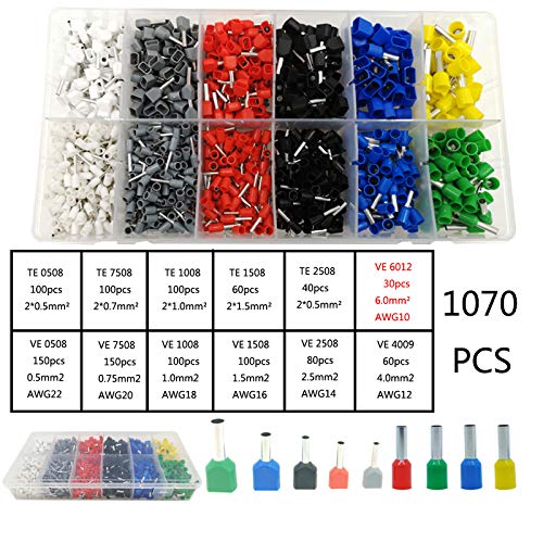 Davitu Terminals - Multiple styles TE/VE tube terminal electrical wiring connector crimping insulated tubular terminals set for0.5-10mm2 AWG22-7 - (Color: 1070)