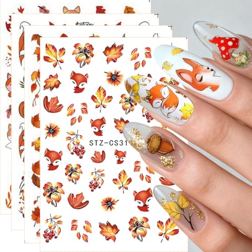 Fall Nail Art Stickers, Cute Fox Nail Art Decals 3D Self-Adhesive...