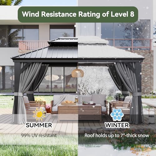 Image of Aoxun 10' X 14' Hardtop Gazebo with Drainage System, Aluminum Outdoor Gazebo with Galvanized Steel Double Roof, Patio Permanent Metal Pavilion with Netting, for Garden, Deck, Pool, Grey