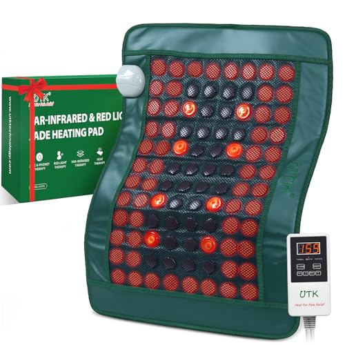 UTK Far Infrared Heating Pad for Back with Red Light Therapy, 8X Pain Relief for Body, Hot to 159β, FSA-HSA Eligible, Auto Shut Off, 64 Jades & 24 Magnets Stone, Gift for Women Men, 26 x 20'