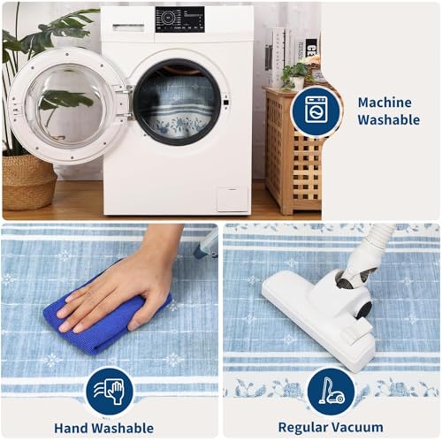 Tapete azul lavable 8x10 para sala y dormitorio miniatura 5