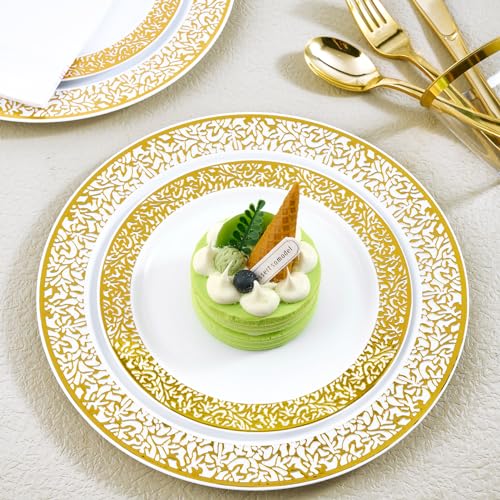 Jolly Chef SF53-VB50 150 Count Gold Dinnerware Set, Elegant Plastic Plates Disposable Include: 25 Gold Lace Plastic Plates, 25 Dessert Plates, 25 Forks, 25 Knives, 25 Spoons, 25 Cup, Ideal For Party thumb #3