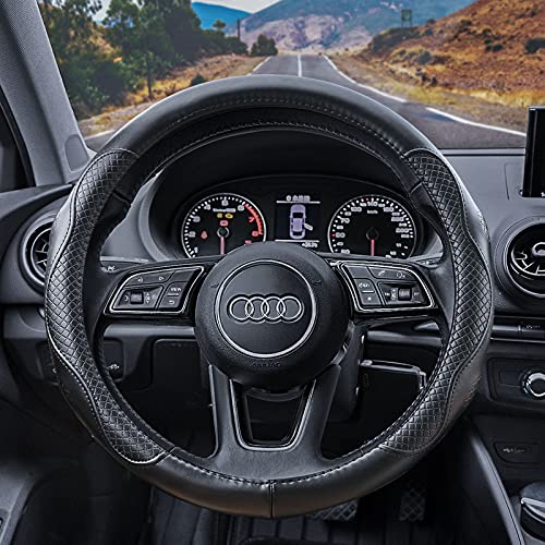 Image of Haokay Heavy Duty Pure Cowhide Steering Wheel Cover, Genuine Leather Steering Cover with 15 Inches Universal Fit (Black-3)