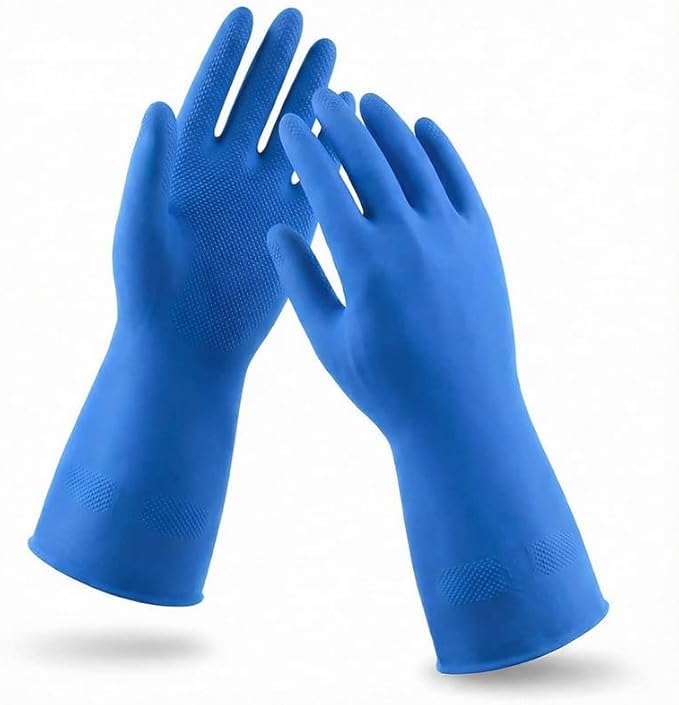 Image of LADWA Premium Rubber Cleaning Gloves, Blue Color Reusable Waterproof Gloves for Dishwashing, Kitchen Cleaning, Laundry and Gardening Use with Anti-Slip Grip (Pack of 1 Pair)