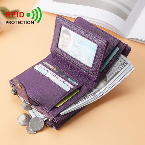 Ladies' fashionable leather wallet, large capacity, multiple card slots, zipper and snap closure, RFID shielding protection credit card clip, short wallet (Deep purple)2