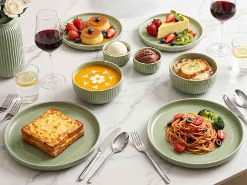 Image of Bodhi House 6-Piece Ribbed Porcelain Dinner Set for 2 with 2 Dinner Plates, 2 Quarter Plates & 2 Katori, Microwave & Dishwasher Safe, Chip Resistant Crockery Set for Home, Dining & Gifting, Tea Green