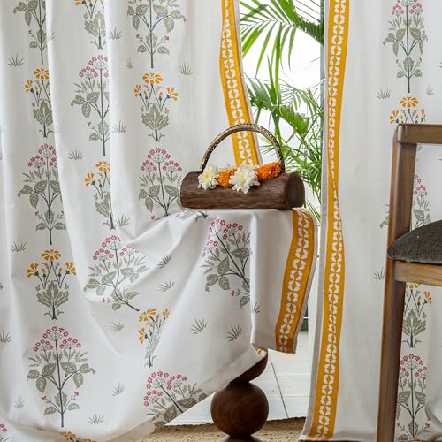 Image of Tranquebar Curtain Co. Cotton Curtains 8 Feet Long, 60-65% Room Darkening, Yellow Ethnic Curtains Floral Print, 8 Feet Curtains, 8 Feet Curtains, BackTabs, Latha (244 cm) - Set of 2