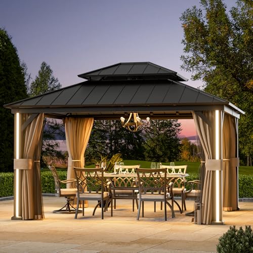 Big Leaf 12' x 14' Hardtop Gazebo with LED Strip Lights – Galvanized Steel Double Roof, USB and USB-C connectors, Mosquito Netting and Curtains – Outdoor Metal Gazebo for Decks and Backyards, Black - Image 2