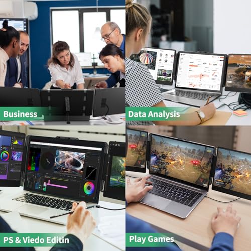 Image of Laptop Screen Extender 14 inch - Triple Portable Monitor 1080P FHD IPS Extra Second Screen HDMI /USB-C Plug-Play Compatible with Wins Mac Dex Chrome Travel Work Fits 13-17 inch Laptops