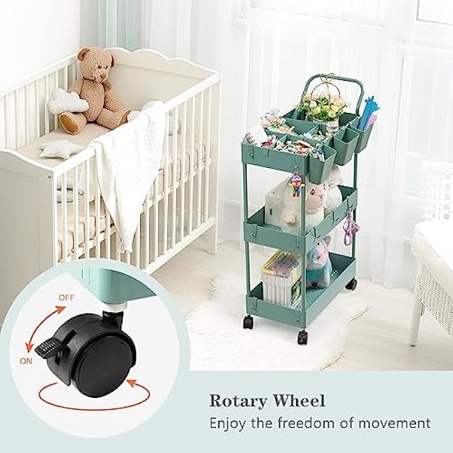 danpinera Storage Cart on Wheels, 3 Tier Bathroom Cart Organizer Slim Laundry Narrow Shelf with Wheels Dividers Hanging Cups Hooks Handle Easy Assembly, Green-Oy6I17Y5