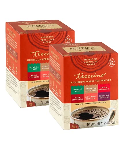 Teeccino Mushroom Herbal Tea Mushroom Adaptogen Tea Sampler – Support Your Health With Mushrooms and Adaptogenic Herbs, Prebiotic, Caffeine Free, Acid Free, 12 Tea Bags (Pack of 2)