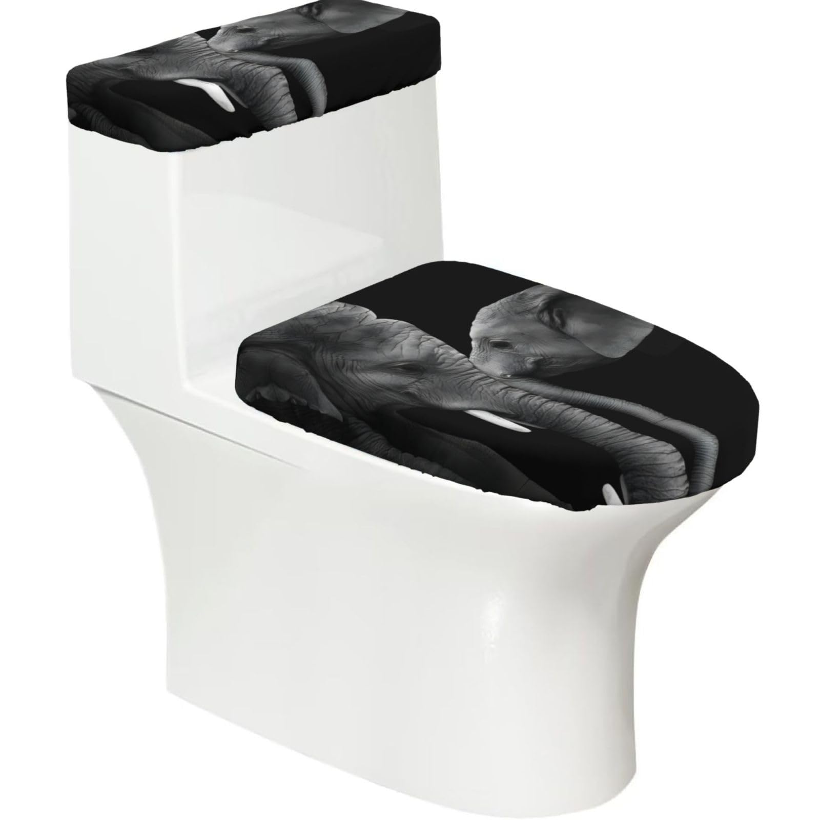 Black and White Two Elephants 2-Piece Toilet Seat Cover Set with Tank Lid - Elastic for U-Shape & Elongated - Bathroom Decor