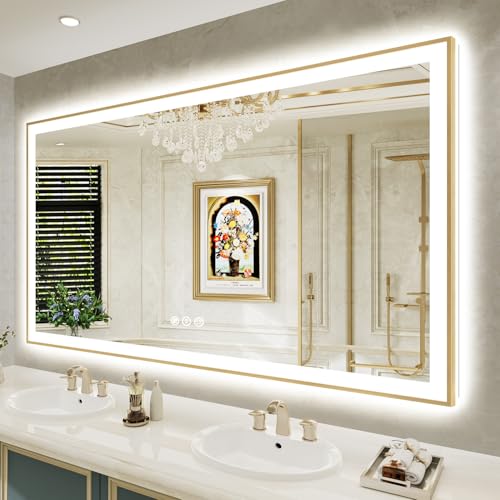 Image of 72x40 LED Bathroom Mirror with Lights, Gold Framed Lighted Mirror | Backlit and Front light, Anti-Fog, 3 Color Dimmable, Memory, Tempered Glass, IP54 Waterproof, UL Listed