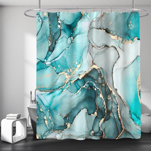 BayNook Teal Marble Shower Curtain Modern Abstract Fabric Shower Curtains for Bathroom Luxury Art Decor Turquoise Gold Ink Texture Watercolor Shower Curtain Set with Hooks 72x72
