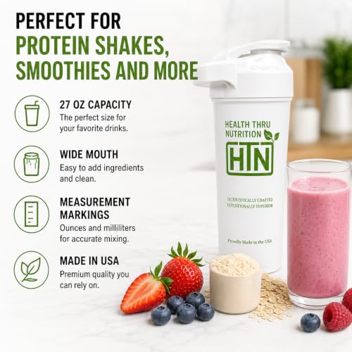Image of Health Thru Nutrition Shaker Bottle 27 oz - Made in USA Smoothie & Protein Shaker | Safe for Sports Blender Bottle | BPA & Phthalate Free, Permanent Mixing Screen | Dishwasher Safe