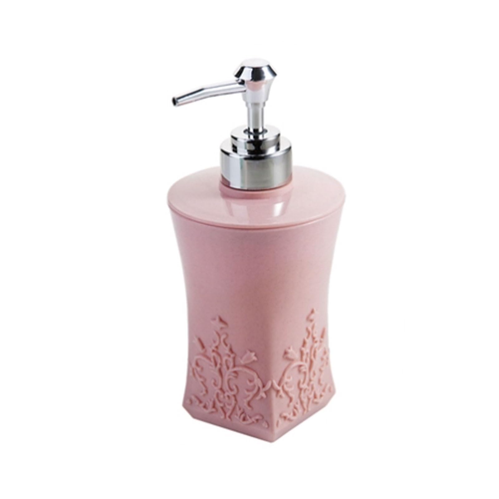 3D Carved Soap Dispenser Matte Glaze Plastic Lotion Bottle with Raised Base, Push-Type Pump for Bathroom Countertop(Pink 1)