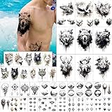 GLARYYEARS Temporary Tattoo for Men, 44-Pack Large+Small size Realistic Tattoos, Long-lasting Fake Tattoo Stickers, Cool Black Body Half Arm Tattoos, Bear Lion Wolf Tiger Rhino Deer Evil Eyes Design