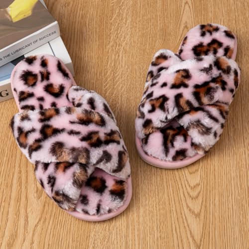 Image of Enteer Women's Slipper Memory Foam Cross Band Fuzzy Slippers Open Toe Cozy House Slippers Cozy Plush Bedroom Indoor Outdoor