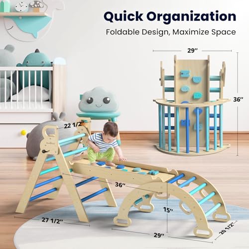 Image of BlueWood Pikler Triangle Set, Foldable Wooden Toddler Climbing Toys Indoor Playground Jungle Gym Montessori Philosophy Climber for 2-6 Years Old, Baby, Kids (Sky Blue)