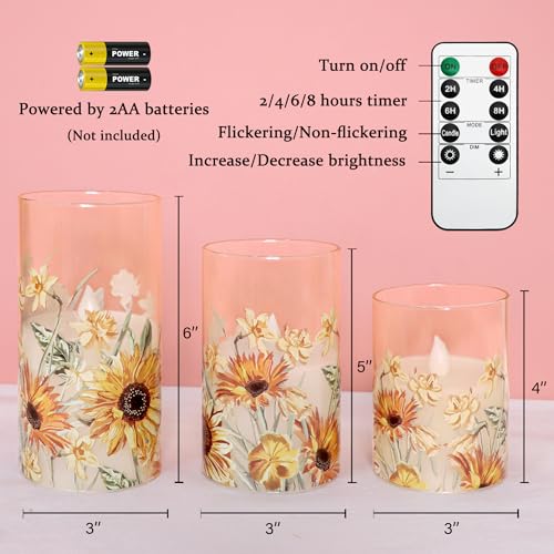 Image of MELTONE Fall Sunflower Flameless Candles with Remote Timer Real Wax Flickering Battery Operated Glass Candles - Home Party Bedroom Birthday Christmas Autumn Decorations