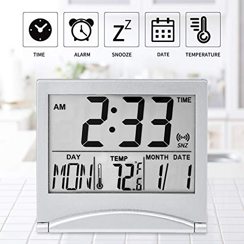 Kanbit Digital Travel Alarm Clock Battery Operated, Portable Large Number Display Alarm Clock With Temperature,12/24 H Small Desk Clock -Silver (No Light) #TOP1