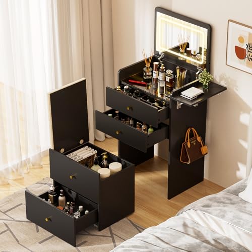 Image of COMHOMA Makeup Vanity Desk with Mirror and Lights, Small 3 in 1 Vanity Table with Visible Glass Top, Flip Top & 3 Drawers, Compact Dressing with Storage Stool for Room or Office