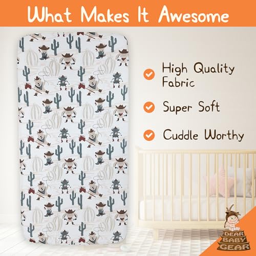 Image of Dear Baby Gear Baby Crib Sheets - Toddler Bed Sheets - Breathable Fitted Bed Sheet - Nursery Bedding - Infant Cribs Mattress Cover - Crib Sheet for Girls & Boys - 52x28x10 (Cowboy Critters & Cactus)