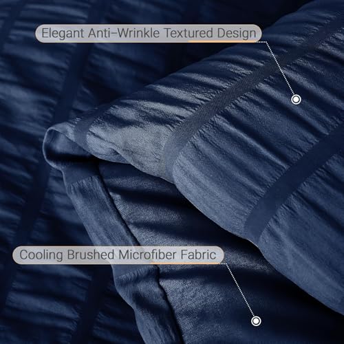 MUXHOMO 5 Pieces Twin Comforter Set, Seersucker Bed in a Bag Twin Size, All Season Luxury Bedding Set with Comforter, Flat Sheet, Fitted Sheet, Pillowcase & Sham, Navy Blue