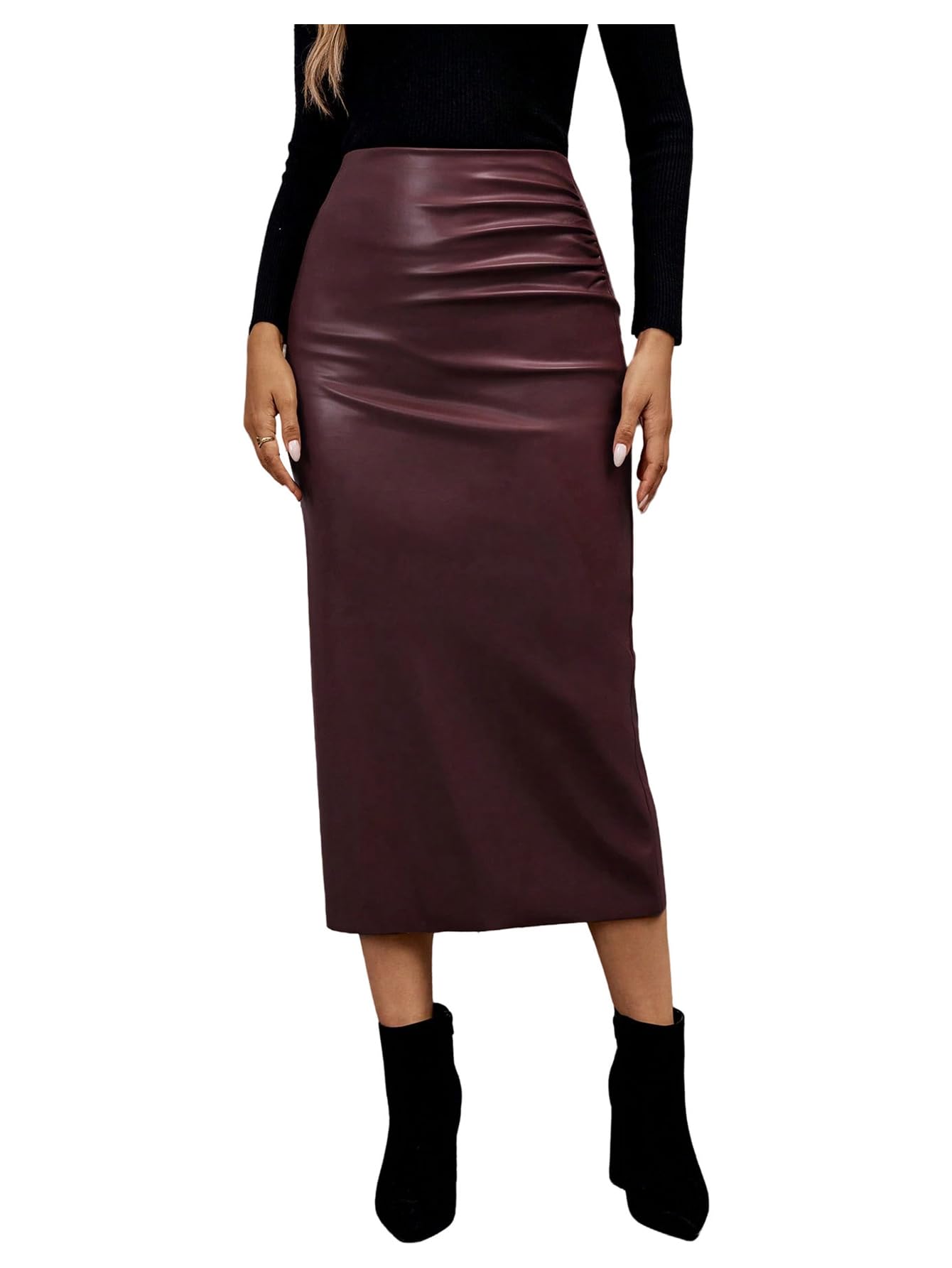 Womens Faux Leather Ruched Midi Skirt Elegant High Waisted Bodycon Slit Pencil Skirts