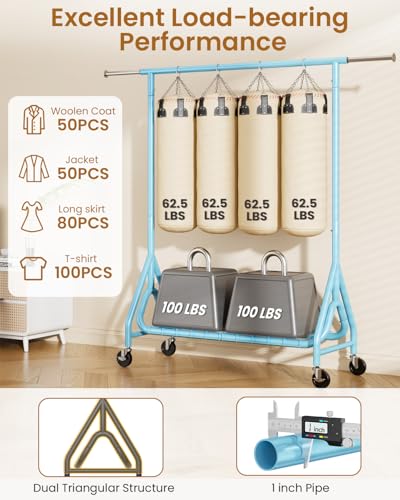 Image of Heavy Duty Clothing Rack, Metal Clothes Rack Load 450 LBS, Rolling Coat Racks for Hanging Clothes with Lockable Wheels, Wardrobe Closet Garment Racks for Bedroom, Sky Blue