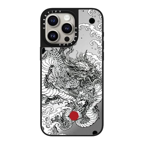 Coque miroir iPhone 15 Pro Max CASETiFY Power Dragon argent sur noir