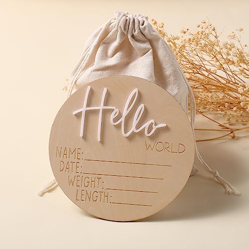 Image of Ylsteed Baby Announcement Signs Baby Milestone Cards Wooden Newborn Photography Props Newborn Baby Birth Announcement Sign Hello World Newborn Sign Baby Shower for Boys and Girls 6 Inch-White