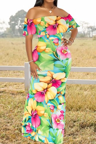 Women's Sexy Off Shoulder Maxi Dress Hawaiian Floral Evening Gown Long Dress2