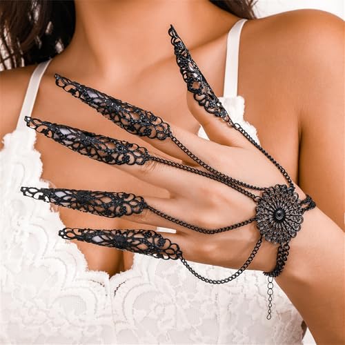 GYRMMUE Gothic Bracelets Finger Nails Tip Claw Rings for Women,Vintage Black Wrist Chains Bracelets Punk Style Lace Bangle Bracelet Ring Goth Hollow Finger Claws Halloween Cosplay Jewelry2