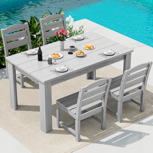 Image of SERWALL 59 inch Armless Outdoor Dining Set for 4, Light Gray | Include 1 Rectangular Dining Table and 4 Armless Chairs, All Weather Dining Sets for Garden, Backyard