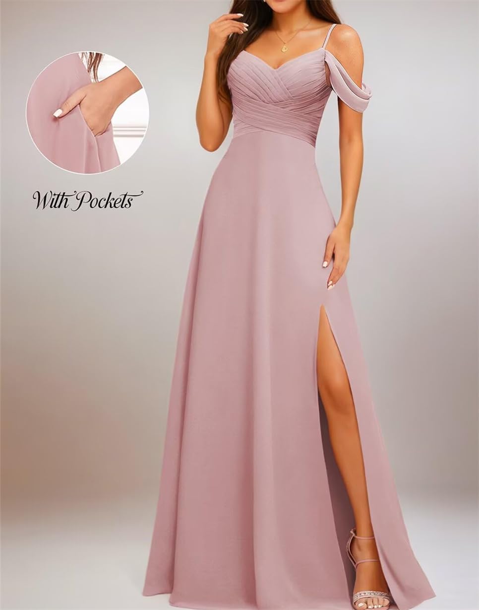 Vestidos de dama de honor con hombros descubiertos para boda, tirantes delgados, gasa, formal, fiesta de noche, maxivestido con abertura AH166