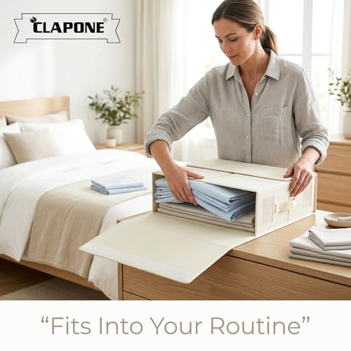 Image of CLAPONE Bedsheet Organizer Storage Box, Foldable Clothes Storage Container, Non-Woven Closet Organizer for Bedding, Blankets, Comforters & Underbed Storage (Off-White, Pack Of 4 Bedsheet Cover)
