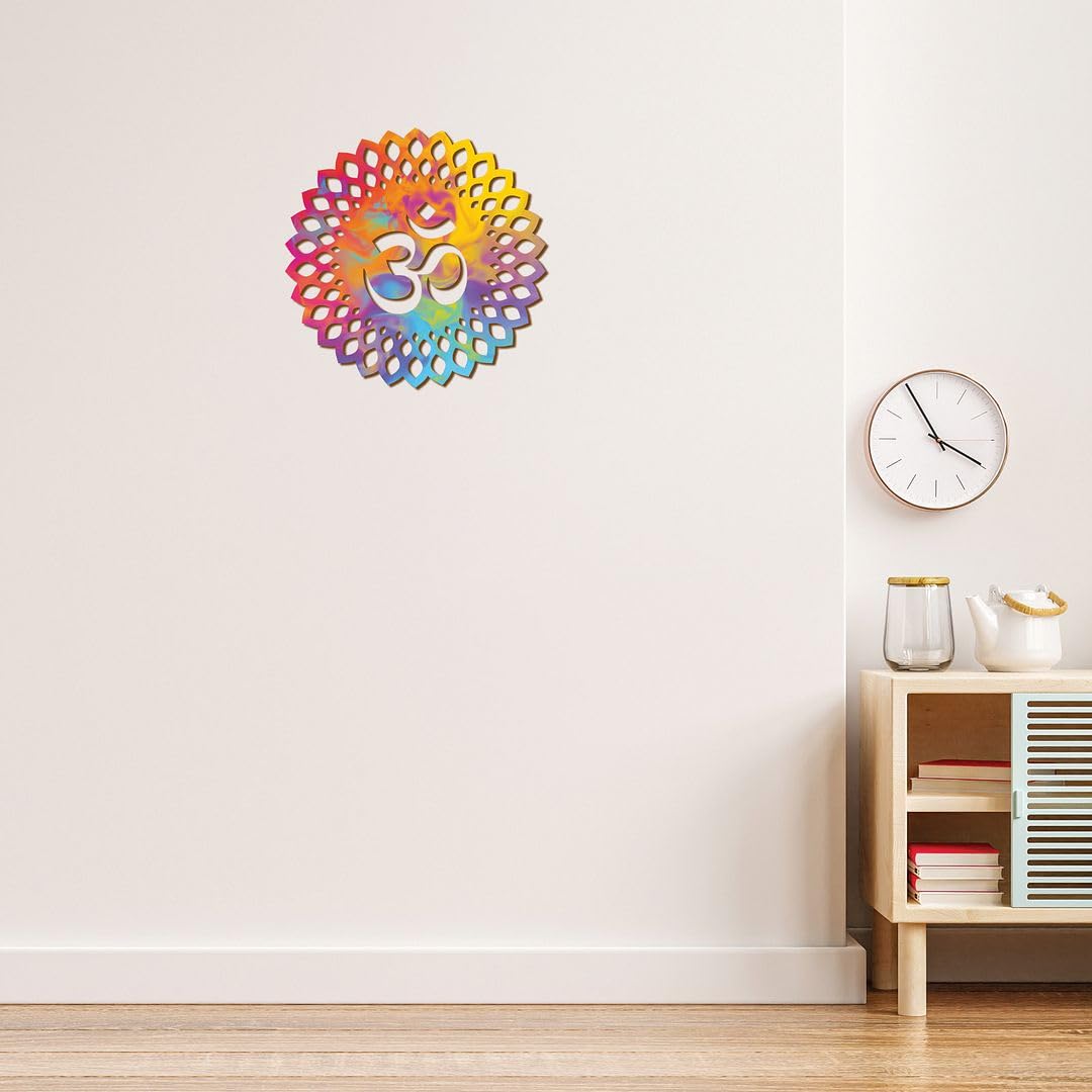CVANU Wooden Om Symbol Mandala Pattern Laser Cutting Self-Adhesive Wall Hanging for Home & Entrance Decor (12inX12in)_202310-W13